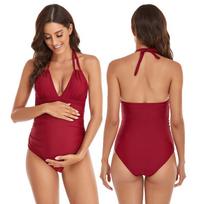Women S Maternity Solid Color One Piece Swimsuit Deep V Neck Backless Sexy L beige