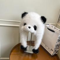 New Qizai panda hat imitation fox hair cartoon big nose parent-child ear hat winter face small plush bear One size fits all white