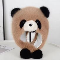 New Qizai panda hat imitation fox hair cartoon big nose parent-child ear hat winter face small plush bear One size fits all black