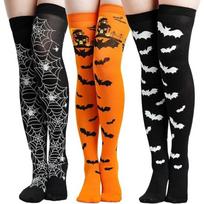 3 Pairs Halloween Socks Thigh High Long Stockings Over Knee Spider Bat Socks for Halloween Costume Cosplay Party Favor orange