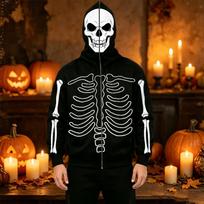 Men's Casual Halloween Print Hooded Jacket with Pockets, Fashionable Outerwear for Halloween XXXL