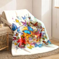 All-Season Flannel Throw Blanket Vibrant Butterfly & Floral Design 100% Polyester Multi-Color Soft Cozy Home Decor for Couch Travel Lightweight & Warm 75cm*90cm white