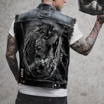 Mens Viking Odin Raven Print Distressed Raw Edge Denim Vest Jean 2506 5XL gray