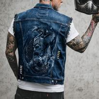 Mens Viking Odin Raven Print Distressed Raw Edge Denim Vest Jean 2506 M