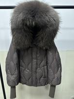 Women's hooded removable real fox fur collar short white duck down jacket loose thickened thermal fur jacket M black
