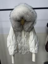 Women's hooded removable real fox fur collar short white duck down jacket loose thickened thermal fur jacket XL gray