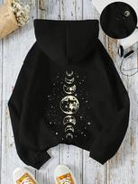 Moon print kangaroo pocket hoodie, casual long sleeved drawstring hoodie for autumn and winter, Women's clothing M