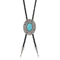 Vintage Artistic Bolo Tie Necklace Turquoise Inlaid Antique Silver Vintage Turquoise Pendant Personality Round Disc gray