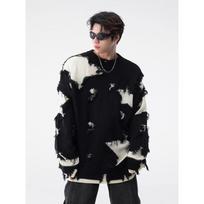 Unisex Oversized Knit Sweater With Raw Edge Hem Distressed Detail Loose Fit Casual Pullover XL
