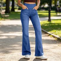 Women's Color Bell Bottom Flare Jeans with Elastic Waist and Multiple Pockets L