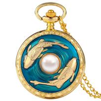 Top Luxury Golden Pisces Necklace Quartz Pocket Watch Vivid Fish Pearl Pattern FOB Chain Green Pendant Constellation Clock Gifts beige