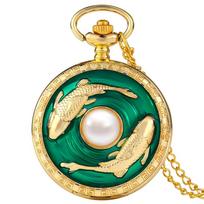 Top Luxury Golden Pisces Necklace Quartz Pocket Watch Vivid Fish Pearl Pattern FOB Chain Green Pendant Constellation Clock Gifts beige