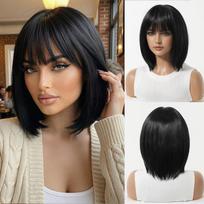 Women Synthetic Short Mixed Golden Brown Hair with Bangs Natural Wave Black Blonde Wigs For Daily Cosplay Heat Resistant Fiber