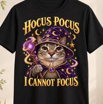Hocus Pocus I Cannot Focus Cat Shirt, Funny Wizard Cat Meme T Shirt L brown