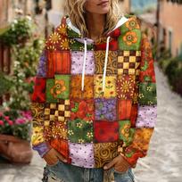Women's Retro Print Long Sleeve Hoodie with Pockets and Casual Pullover M red
