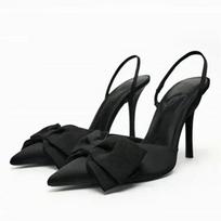 Elegantiški atlasiniai slingback bateliai su dekoruota kaspinėle Moteriški madingi smailianosiai stiletto sandalai Prabangūs vakarėlių dizainerių batai Zapatos Mujer 40 black