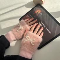 Cartoon Knitted Half Finger Plush Gloves for Women, Thick Warm Wrist Protection Gloves for Office Writing bowknot rožinė