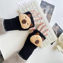 Cartoon Knitted Half Finger Plush Gloves for Women, Thick Warm Wrist Protection Gloves for Office Writing Capibara juoda