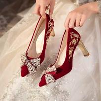 Embroidered Block Heel Single Shoes Women's Pointed Toe Shallow Mouth Pearl Bow Slip-On Pump Heels 40 brown