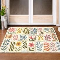 Vintage Patchwork Floral Leaf Bird Door Mat Non Slip Entrance Doormat Boho Multi Grid Plant Pattern Floor Rug 40X60CM gray