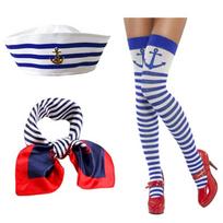 Jūreivės kostiumo rinkinys, įskaitant skrybėlę, šaliką, kojines, akinius, karolius, pirštines moterims, Helovino, Cosplay, vaidmenų žaidimų renginiui gray