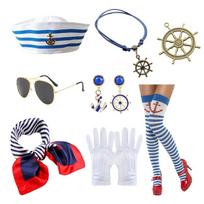 Jūreivės kostiumo rinkinys, įskaitant skrybėlę, šaliką, kojines, akinius, karolius, pirštines moterims, Helovino, Cosplay, vaidmenų žaidimų renginiui gray