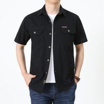 Double Chest Pocket Work Shirt Men Solid Black Lapel Short Sleeve Button Down Casual Outdoor Blouse M