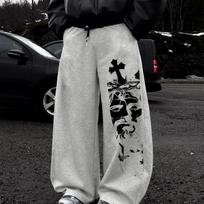 Men Gothic Cross Print Streetwear Sweatpants, Loose Wide Leg Drawstring Pants S‑XXL XXXL gray