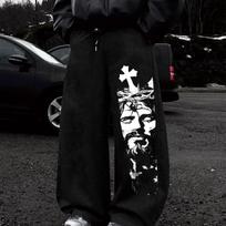 Men Gothic Cross Print Streetwear Sweatpants, Loose Wide Leg Drawstring Pants S‑XXL XXXL black
