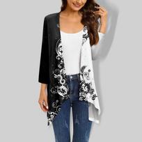 Women Cardigan Jacket With Pocket Three Quarter Sleeve Irregular Print XXXL black