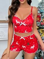 European and American new products, girls' sexy suspenders, women's lingerie, Christmas printed homewear set, two-piece set XL red