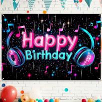 1pc TikTok-themed birthday banner - A vibrant neon party background with sparkling stars and notes, polyester 59x51.1inch/150*130cm