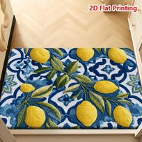 Blue Tile Lemon Doormat Mediterranean Style with Yellow Lemon Embroidery Print Non Slip Floor Mat for Bright and Fresh Home 40X60CM yellow