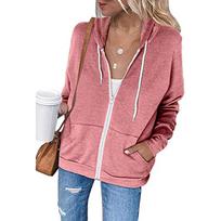 New Long Sleeve Hooded Sweater Women's Drawstring Pocket Zipper Cardigan Jacket S pink