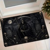 Gothic Grim Reaper Cemetery Skull Flannel Mat Home Entrance Door Anti-Slip Foot Mat Bedroom Bathroom Absorbent Welcome Mat 43X75CM white