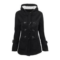 Fall Winter Coat with Side Pockets Solid Color Hooded Horn Button Closure XL black