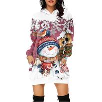 Women's Christmas Print Long-Sleeved Hooded Pocket Pullover Dress XL