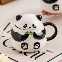 1Pc Panda-Shaped Large-Capacity Ceramic Mug with Lid, Creative Design Cute Cartoon Panda Mug Coffee Cup 301-400ml gray