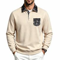 Men S Fleece Collared Buttoned Pocket Polo Sweatshirt Casual Autumn Winter XXL beige