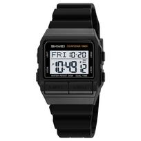 SKMEI 2475 Unisex Digital Watch, Gold Square Case Stainless Steel/Silica Gel Band EL Light Chrono Alarm Countdown for Men Women black