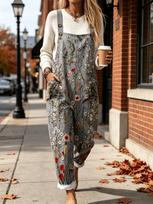 Vintage floral print loose pocket adjustable overalls 5XL
