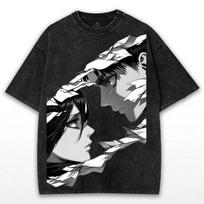 Hot Anime Attack On Titan Eren Mikasa Print T-shirt Men Short Sleeve Clothing Cotton Tshirt Retro Washed T Shirt Male Manga Tops XL black