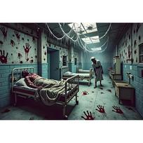 Halloween Zombie Hospital Backdrop Mutant Doctor Patient Horror Scene Emergency Room Warning Signs Wheelchair Props Background3 79×59inch/200*150cm