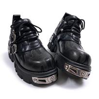 Retro Rock Dark Punk Small Leather Shoes Metal Splicing Men And Women With The Same Niche Flame Low-Top Heightening Big Head Shoes 41 black