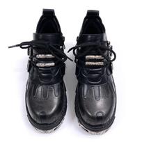 Retro Rock Dark Punk Small Leather Shoes Metal Splicing Men And Women With The Same Niche Flame Low-Top Heightening Big Head Shoes 40