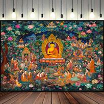VIKAMA Pure Land Tapestry Tibetan Thangka Style Buddha Art Wall Hanging for Living Room Study New Chinese Decor Yoga Studio Calm 59×39inch/150*100cm orange