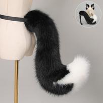 Rankų darbo lapės ausų lankelis su uodegos rinkiniu Cosplay Anime Konvencija Helovino Kostiumo Aksesuaras Glossy Fox Tail - Black-White gray