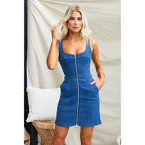 Women Sleeveless Solid Denim Zipper Bodycon Midi Casual Dress S beige