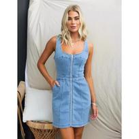 Women Sleeveless Solid Denim Zipper Bodycon Midi Casual Dress L