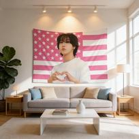 1pc SKZ H-Han Jisung Finger Heart Tapestry, Pink American Flag Design, Kpop Wall Hanging for Fan Bedroom Party Celebratory Decor 100X150CM